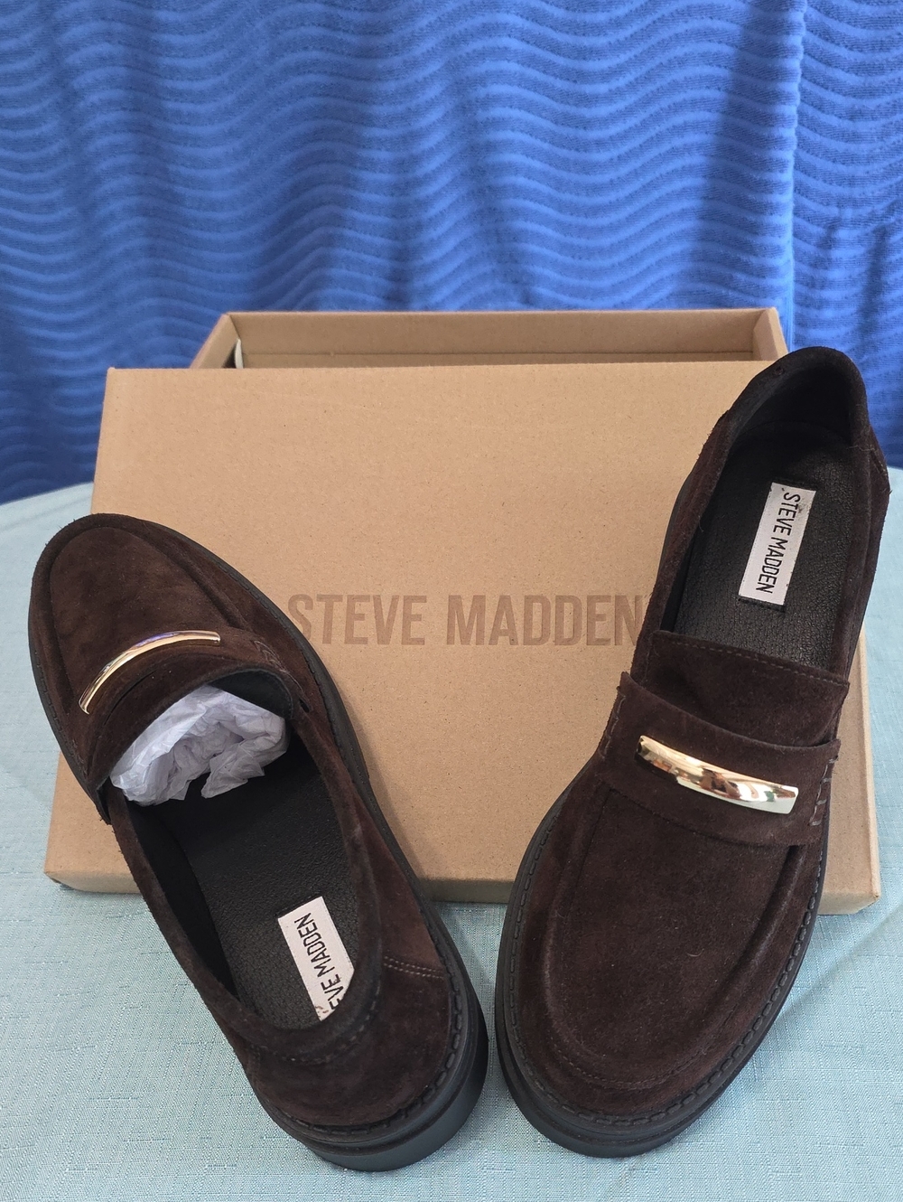 Steve Madden Dark Brown Suede Loafers with Gold Accent